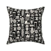 Fika - Swedish coffee and cakes with bold geometric ceramics in linen white on black, lino cut style with flowers and coffee beans- mid-small