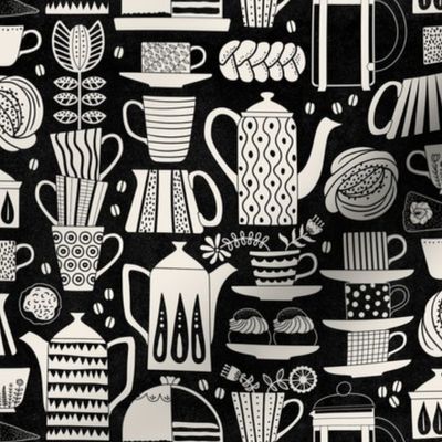 Fika - Swedish coffee and cakes with bold geometric ceramics in linen white on black, lino cut style with flowers and coffee beans- mid-small