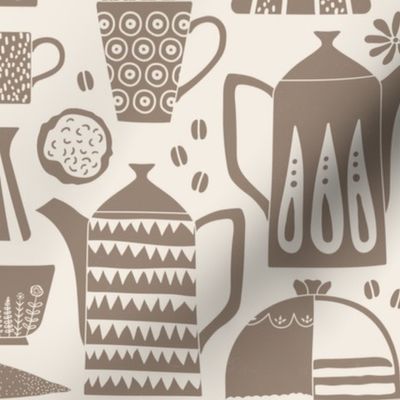 Fika - Swedish coffee and cakes with bold geometric ceramics in beige/brown on linen white, lino cut style with flowers and coffee beans- large