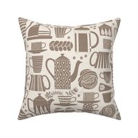 Fika - Swedish coffee and cakes with bold geometric ceramics in beige/brown on linen white, lino cut style with flowers and coffee beans- large