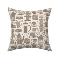 Fika - Swedish coffee and cakes with bold geometric ceramics in beige/brown on linen white, lino cut style with flowers and coffee beans- medium