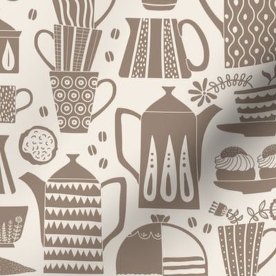 Fika - Swedish coffee and cakes with bold geometric ceramics in beige/brown on linen white, lino cut style with flowers and coffee beans- medium