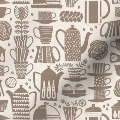 Fika - Swedish coffee and cakes with bold geometric ceramics in beige/brown on linen white, lino cut style with flowers and coffee beans- mid-small