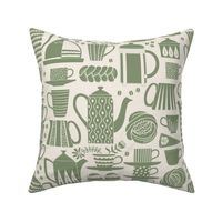 Fika - Swedish coffee and cakes with bold geometric ceramics  - artichoke green on linen white, lino cut style with flowers and coffee beans - large