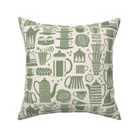Fika - Swedish coffee and cakes with bold geometric ceramics  - artichoke green on linen white, lino cut style with flowers and coffee beans - medium