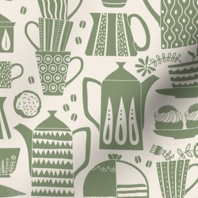 Fika - Swedish coffee and cakes with bold geometric ceramics  - artichoke green on linen white, lino cut style with flowers and coffee beans - medium