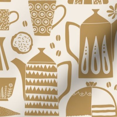 Fika - Swedish coffee and cakes with bold geometric ceramics in mustard yellow/ochre on linen white, lino cut style with flowers and coffee beans- large