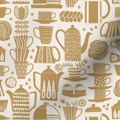 Fika - Swedish coffee and cakes with bold geometric ceramics in mustard yellow/ochre on linen white, lino cut style with flowers and coffee beans - mid-small
