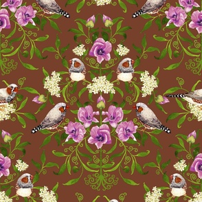 Bright birds and flower botanical intricate damask pattern for wallpaper and fabric on rustic brown, large scale
