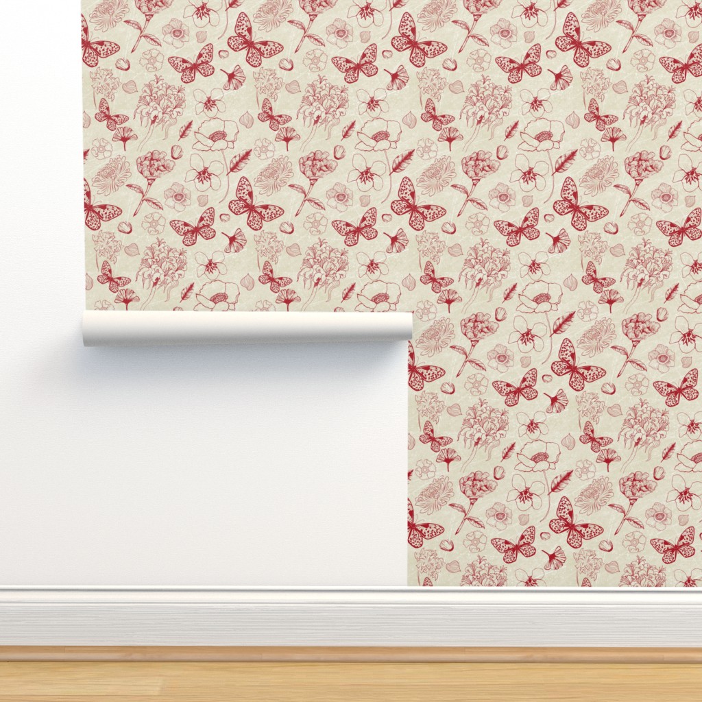 Butterflies & Bouquets Red & Cream, Wallpaper | Spoonflower