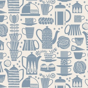 Fika - Swedish coffee and cakes with bold geometric ceramics in dusty powder blue on linen white, lino cut style with flowers and coffee beans- large