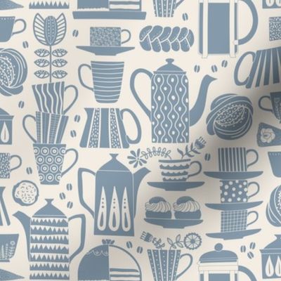 Fika - Swedish coffee and cakes with bold geometric ceramics in dusty powder blue on linen white, lino cut style with flowers and coffee beans- mid-small