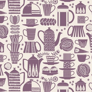 Fika - Swedish coffee and cakes with bold geometric ceramics in dusty berry/red-purple on linen white, lino cut style with flowers and coffee beans- large