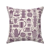 Fika - Swedish coffee and cakes with bold geometric ceramics in dusty berry/red-purple on linen white, lino cut style with flowers and coffee beans- medium