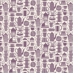 Fika - Swedish coffee and cakes with bold geometric ceramics in dusty berry/red-purple on linen white, lino cut style with flowers and coffee beans- mid-small