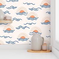 boho sun and waves - orange coral and blue - neutral background