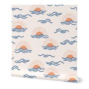 boho sun and waves - orange coral and blue - neutral background