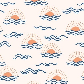 boho sun and waves - orange coral and blue - neutral background