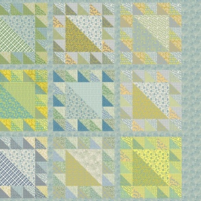 Muted Greys, Yellows and Blue Cheater Quilt