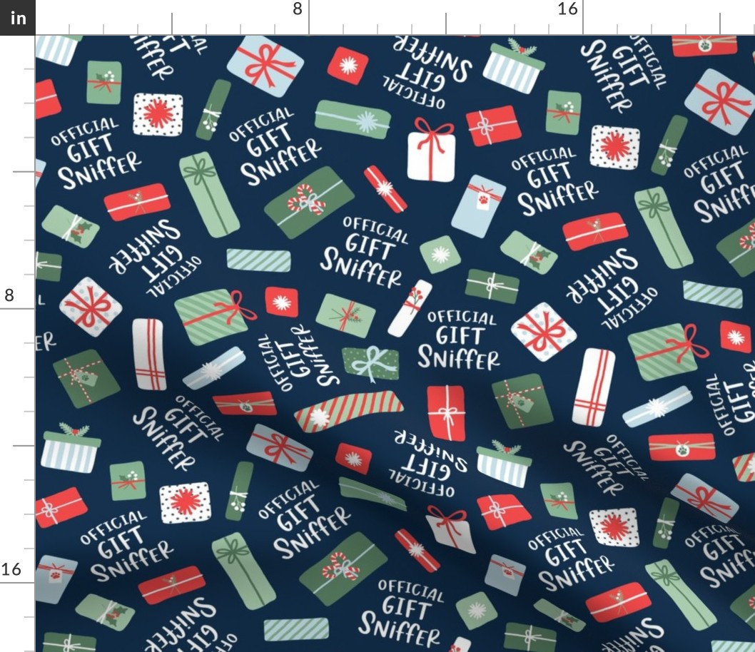 Gift Sniffer Dog Holiday Print - Navy, Large Scale