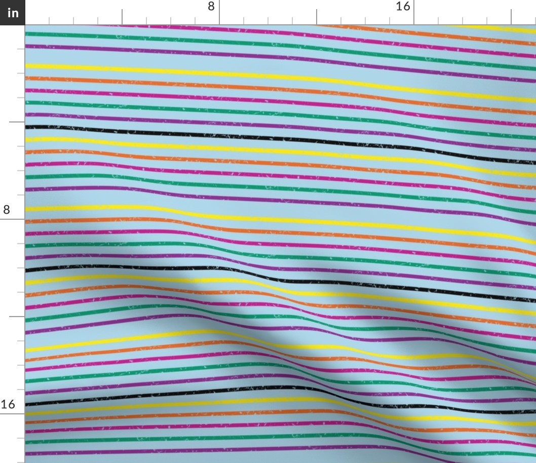 multi-color stripe on distressed  blue,  purple, green, orange, yellow, black, pink 