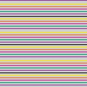 multi-color stripe on gray,  purple, green, orange, yellow, black, pink 