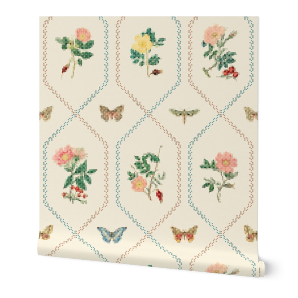 CROSS STITCH ROSES TAUPE-BLUE 24"
