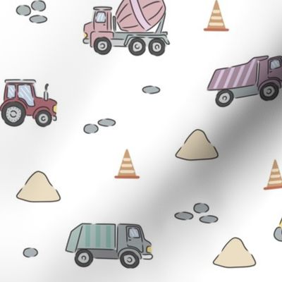 Construction trucks - excavators, dump trucks, tractors, cement mixers and garbage trucks / rubbish trucks in pink multi - medium