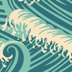Large Art Nouveau Crushing Ocean Waves in Light Blue and Aquamarine Green Background