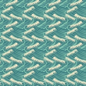 Mini Art Nouveau Crushing Ocean Waves in Light Blue and Aquamarine Green Background