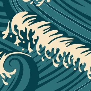 Large Art Nouveau Crushing Ocean Waves in Dark Blue and Teal Background