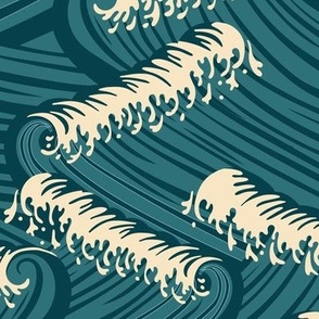Medium Art Nouveau Crushing Ocean Waves in Dark Blue and Teal Background