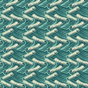 Mini Art Nouveau Crushing Waves Ocean Waves in Dark Teal Cyan and Aquamarine Green Background