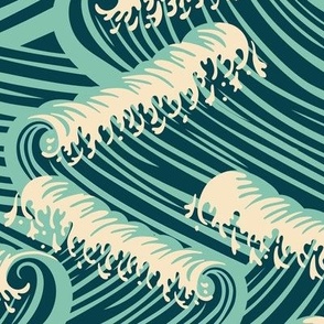 Medium Art Nouveau Crushing Ocean Waves in Dark Teal Cyan and Aquamarine Green Background