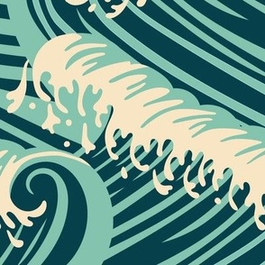 Large Art Nouveau Crushing Ocean Waves in Dark Teal Cyan and Aquamarine Green Background