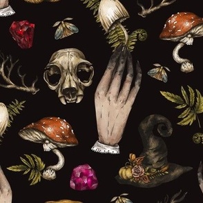 Witch hands, Skull and Mushrooms on Black