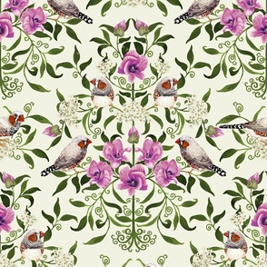 Bright birds and flower botanical intricate damask pattern for wallpaper and fabric on green mist, large scale