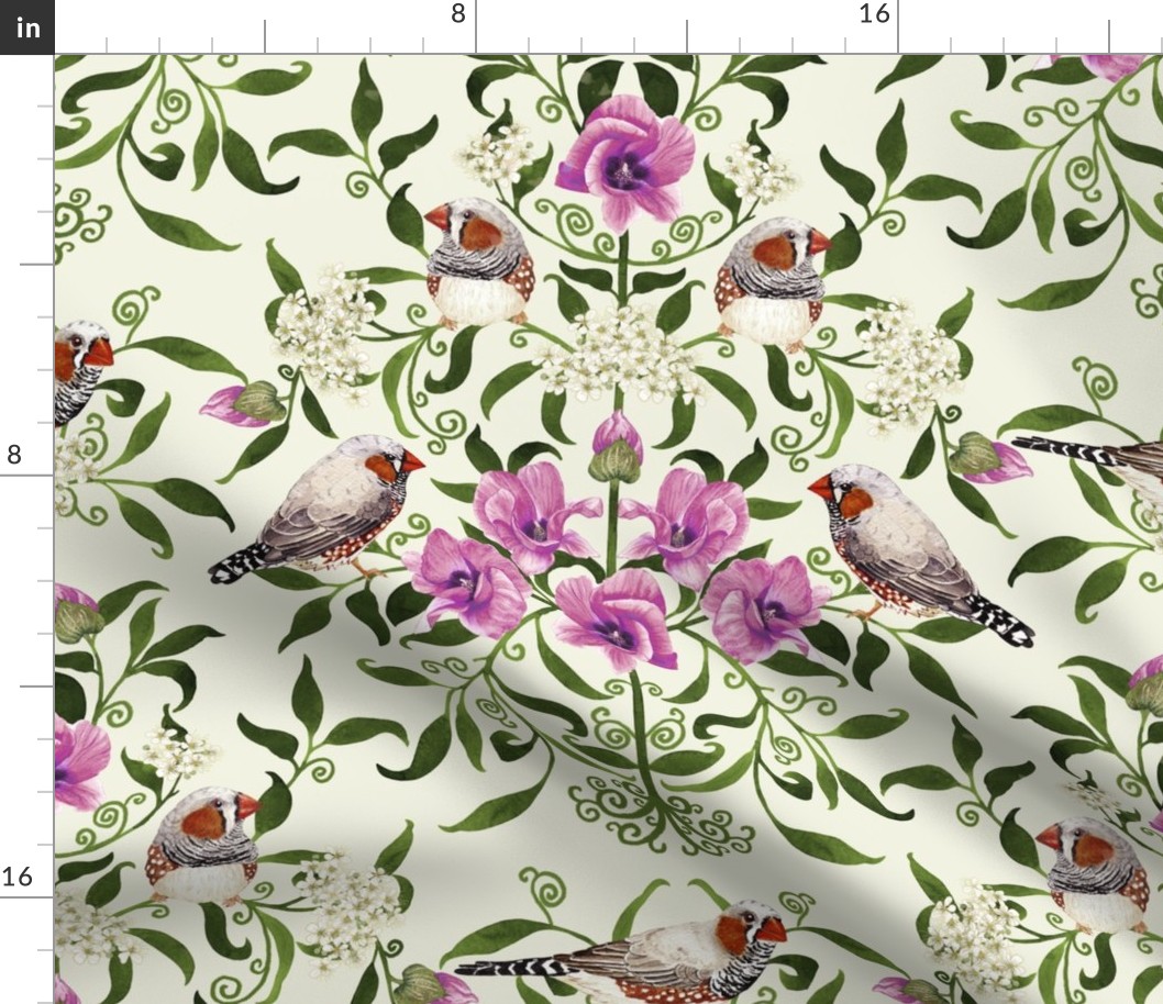 Bright birds and flower botanical intricate damask pattern for wallpaper and fabric on green mist, large scale