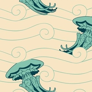 Medium Art Nouveau Marine Life Dancing Jellyfish amongst Waves with Cream Background