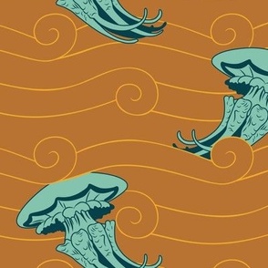 Medium Art Nouveau Marine Life Dancing Jellyfish amongst Waves with Mustard Yellow  Background