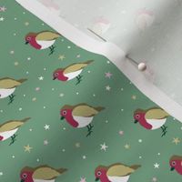 Christmas robins and stars - seasonal winter snow theme winter wonderland ruby red mustard on jade green