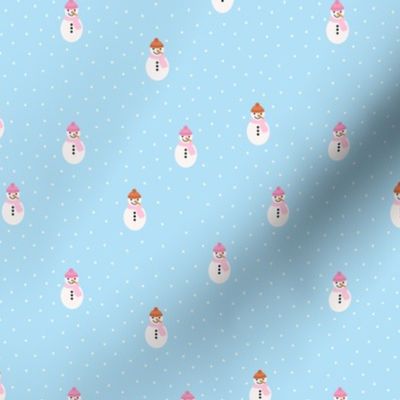 Little snowman seasonal christmas holiday design fun kids character pink orange on light blue 