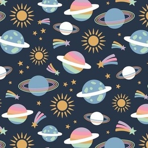 Rainbows and planet universe theme - shooting stars and colorful vintage galaxy lgbtq+ design on navy blue