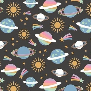 Rainbows and planet universe theme - shooting stars and colorful galaxy lgbtq+ design on vintage gray