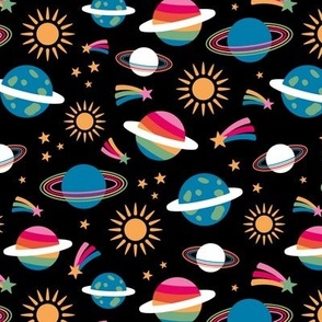 Rainbows and planet universe theme - shooting stars and colorful galaxy lgbtq+ design on black