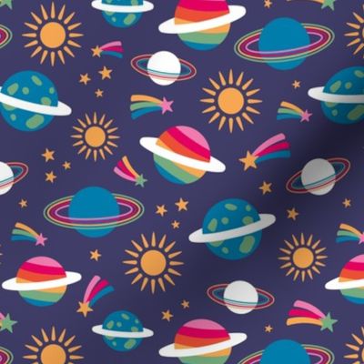 Rainbows and planet universe theme - shooting stars and colorful galaxy lgbtq+ design on blue purple