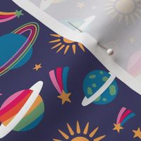 Rainbows and planet universe theme - shooting stars and colorful galaxy lgbtq+ design on blue purple