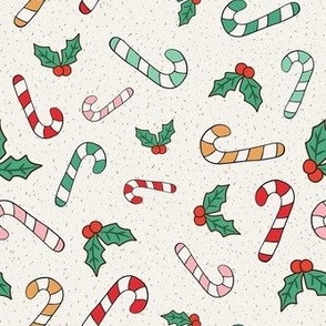 Medium Scale Candy Canes and Christmas Holly on Winter White