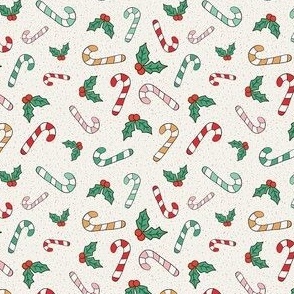 Small Scale Candy Canes and Christmas Holly on Winter White