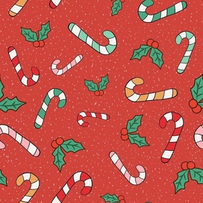 Large Scale Candy Canes and Christmas Holly on Retro Red
